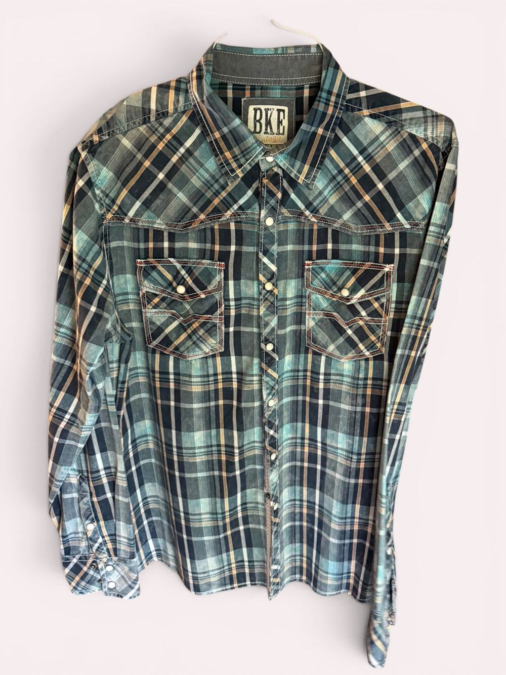 BKE Vintage 67 Men’s Large Pearl Snap Western Plaid Shirt Tailored Fit Blue Teal